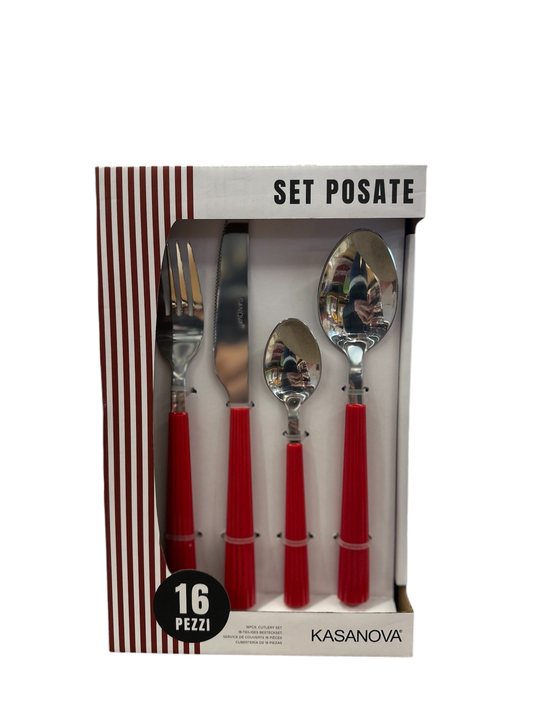 Set posate 16 pezzi, in inox con manico in plastica rosso Kasanova Set posate 16 pezzi, in inox con manico in plastica rosso Kasanova